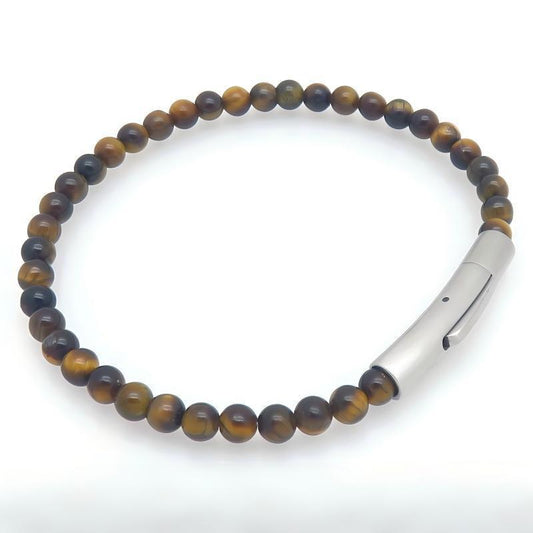 Beaded Bracelet Tiger's Eye Stone Black Agate Stainless Steel Snap Button Unisex Bracelet.