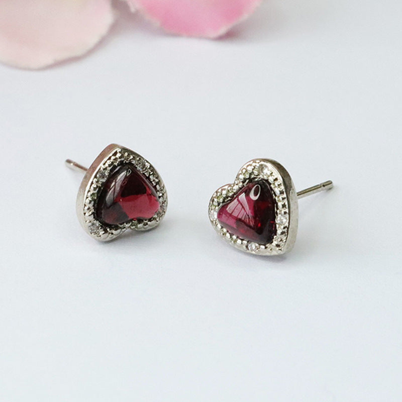 Garnet Heart 925 Silver Stud Earrings