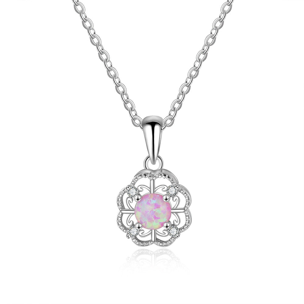 Planderful Jewelry Pink Opal Flower Necklace In Sterling Silver S925 Everyday Genie Collection