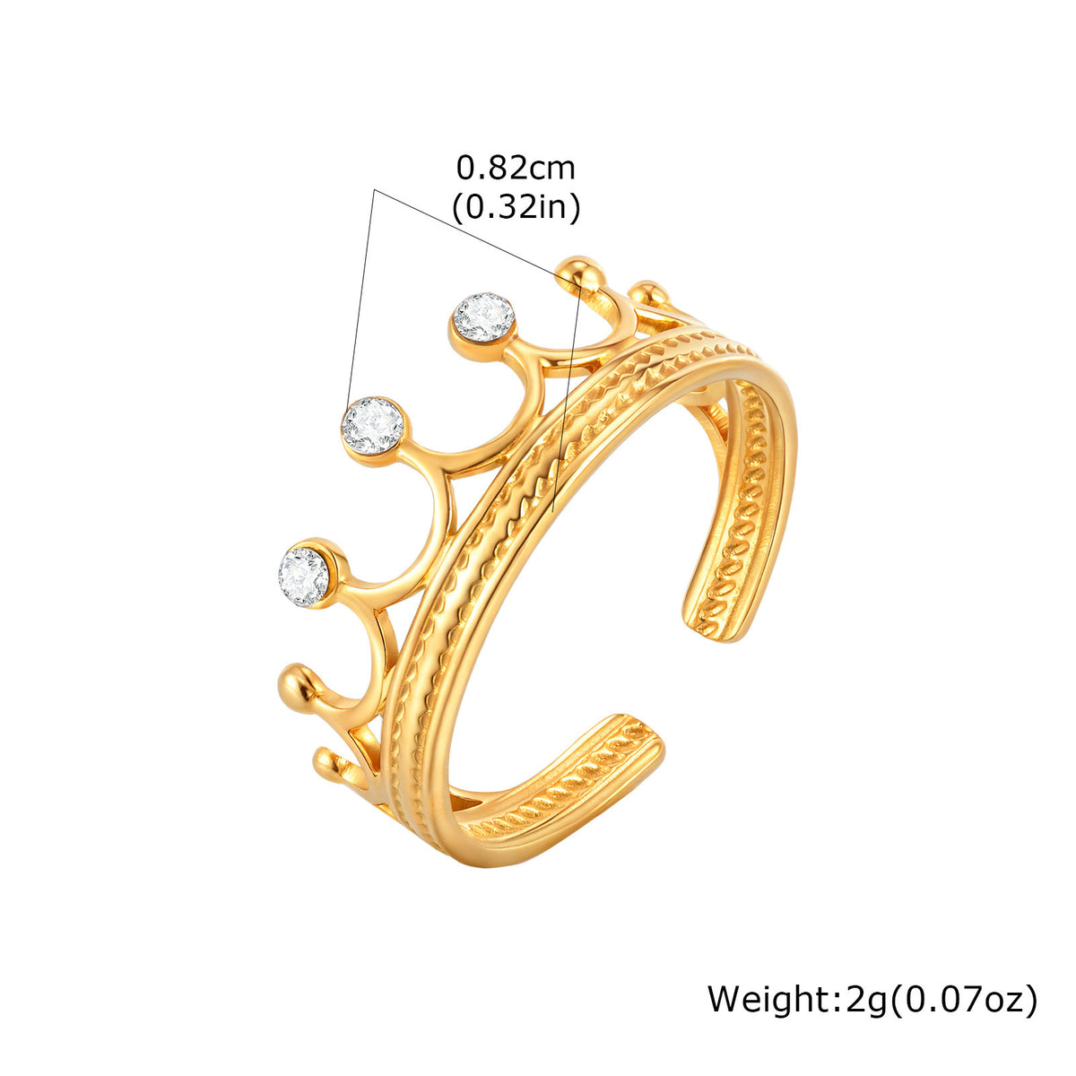 Stainless Steel Gold-Plated Design Sense Zircon Crown Opening Ring Gold