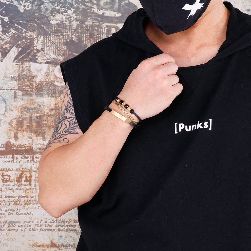 Planderful Mens Stainless Steel Leather Rope Bracelet Bold