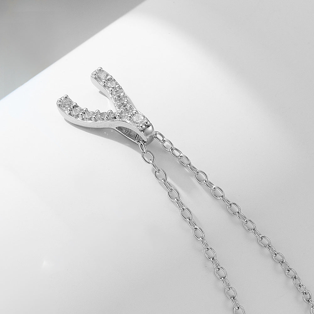 Korean Version Inlaid Zircon Necklace Geometric Herringbone Pendant S925 Sterling Silver Wishing Bone Women