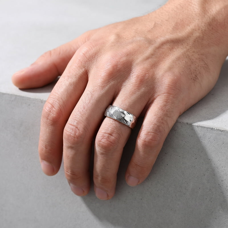 Trendy Retro Wavy Ring, Damascus Leather Steel Ring Stainless Steel Men's