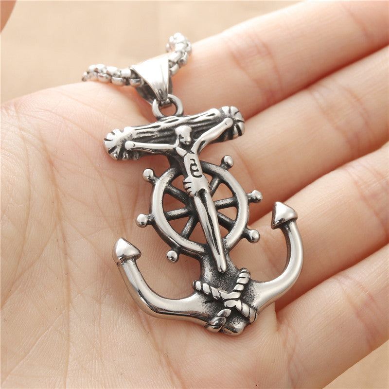 Personalized Punk Titanium Steel Ship Anchor Pendant Necklace for Men - Retro Trendy Rudder Design
