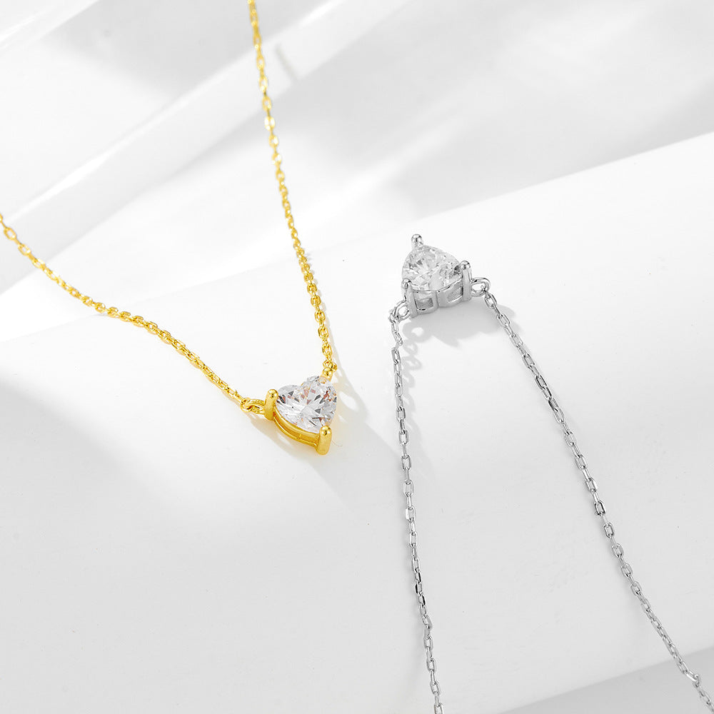 S925 Sterling Silver Classic Three-Claw Love Zircon Necklace Versatile Heart-Shaped Necklace