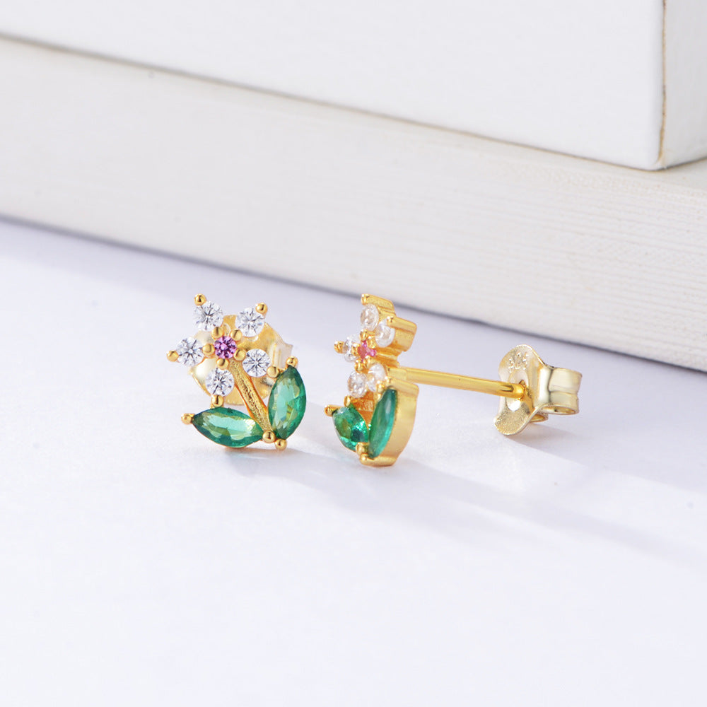 S925 Sterling Silver Zircon Flower Stud Earrings Sweet Mori Earrings