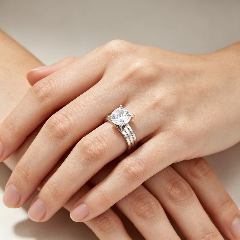Four-Claw Zircon Double-Groove Ring, Fashionable Stainless Steel Couple Marriage Proposal, Women's