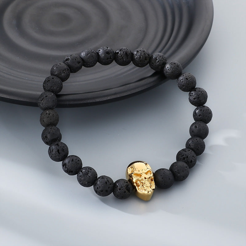 Planderful Men Skull Beaded Elastic Bracelet Volcanic Stone