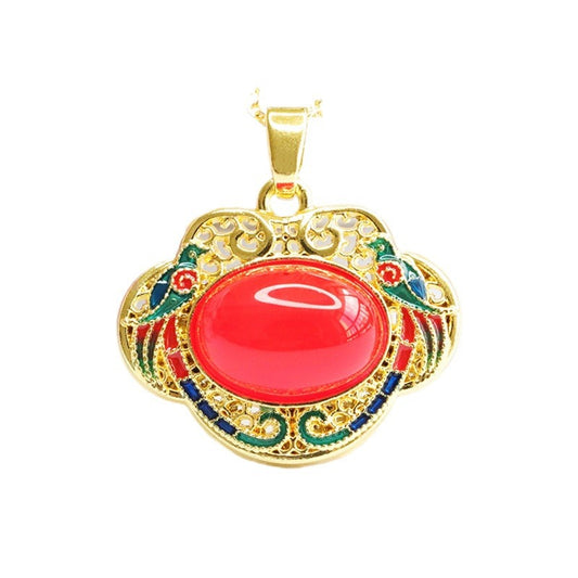 Oval Natural Red Agate Chalcedony Colourful Enamel Magpie Wishful Lock Pendant