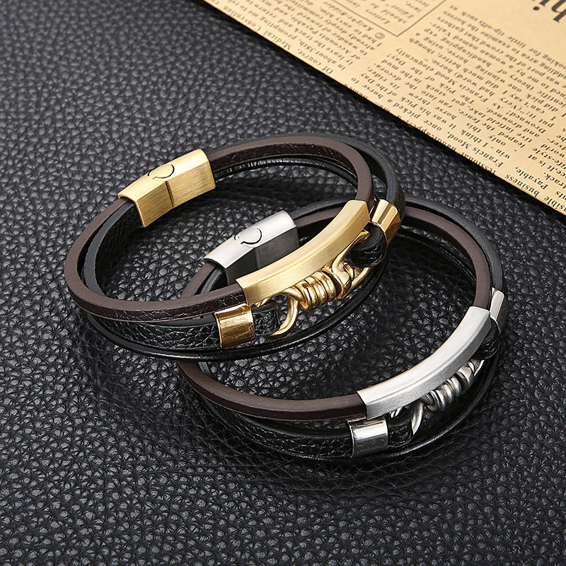 Planderful Mens Leather Titanium Steel Bracelet Punk Style