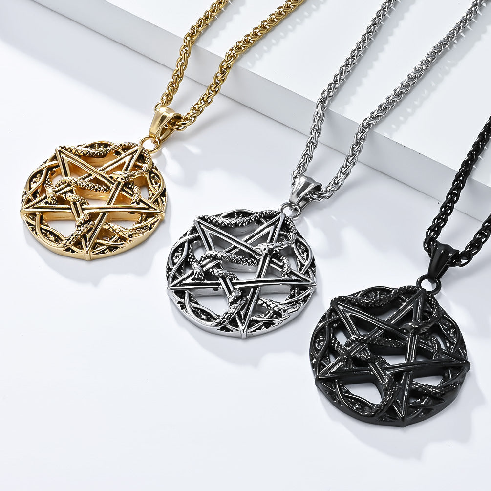 Planderful Pentagram Necklace Titanium Steel With Python Wrapped For Gothic Punk Lovers