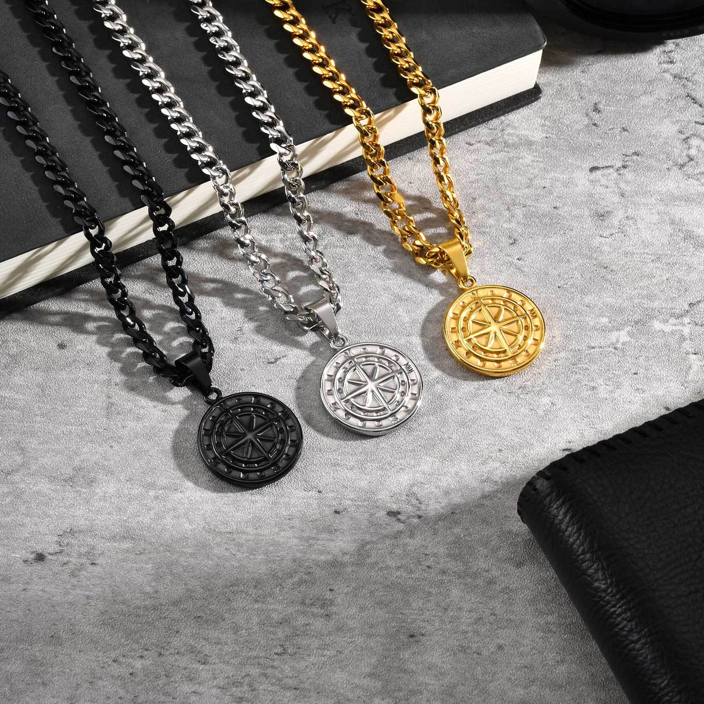 Planderful Stainless Steel Compass Pendant Necklace for Men