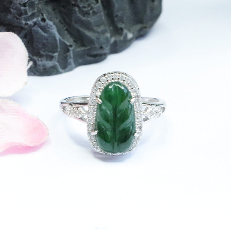Emerald Jade Leaf Sterling Silver Ring