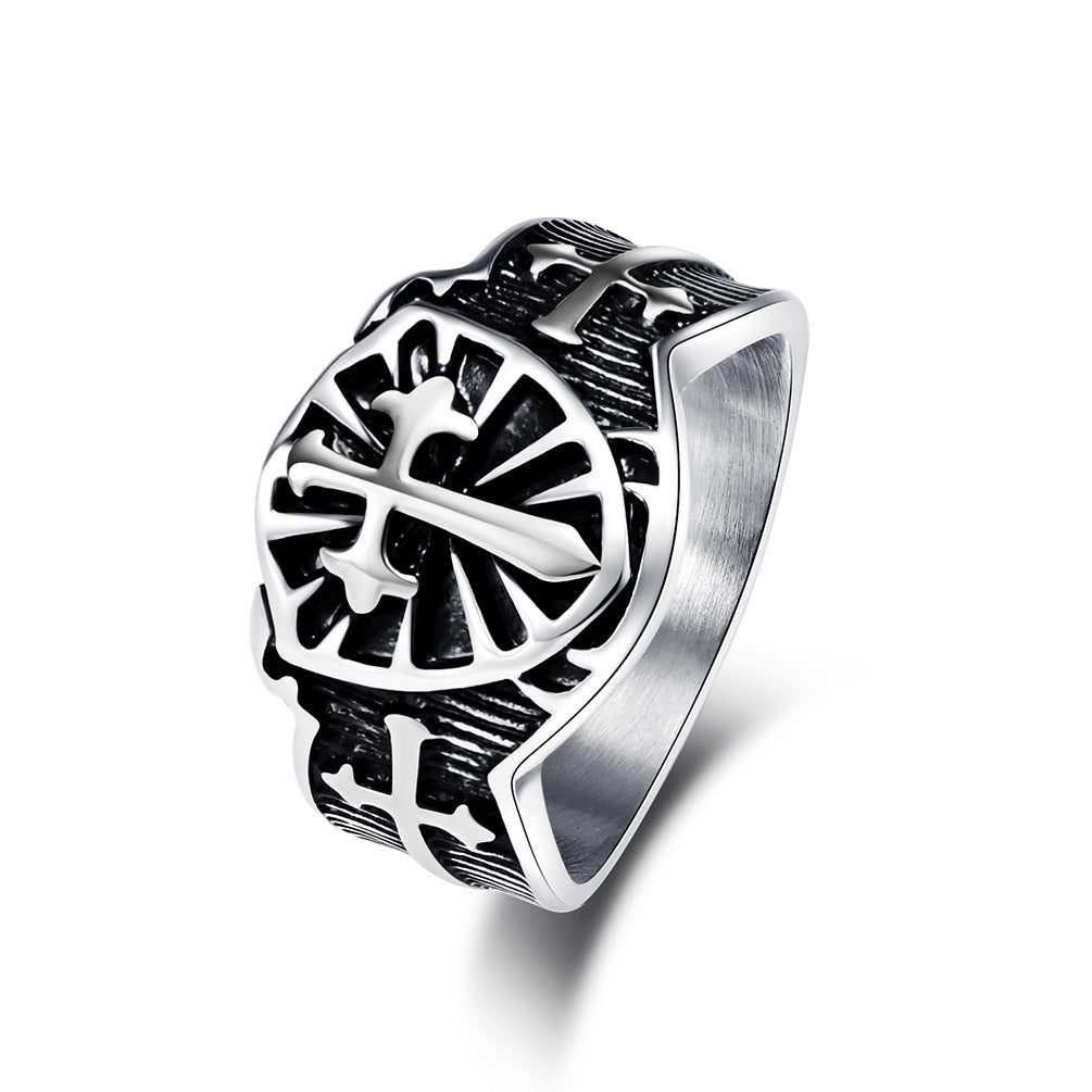 Vintage Crusader Shield Cross Titanium Steel Ring for Men