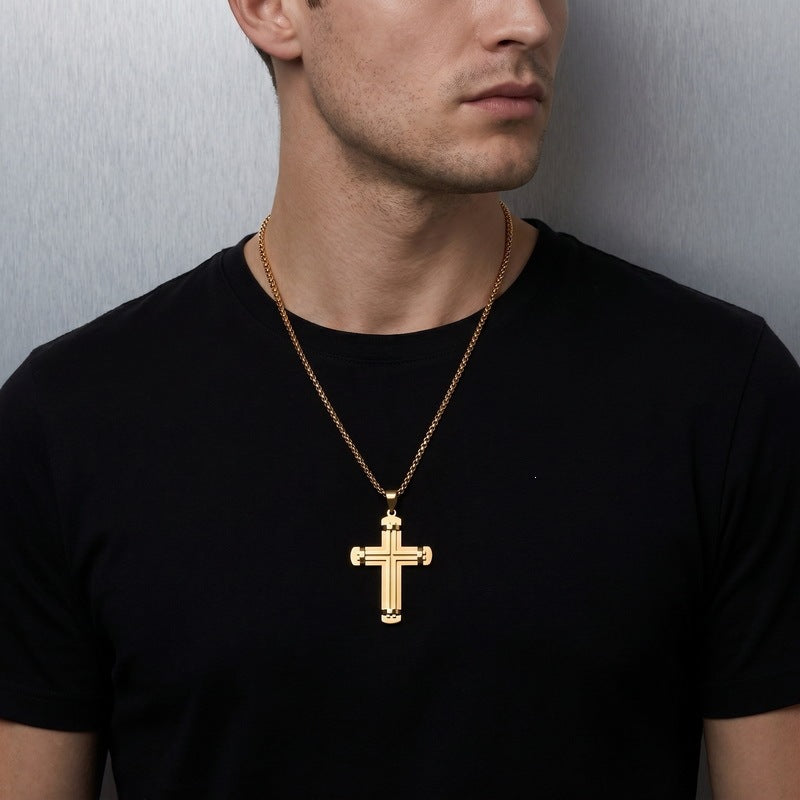 Hip-Hop Style Retro Rock Double-Layer Rivet Splicing Cross Titanium Steel Pendant Men's Color Necklace