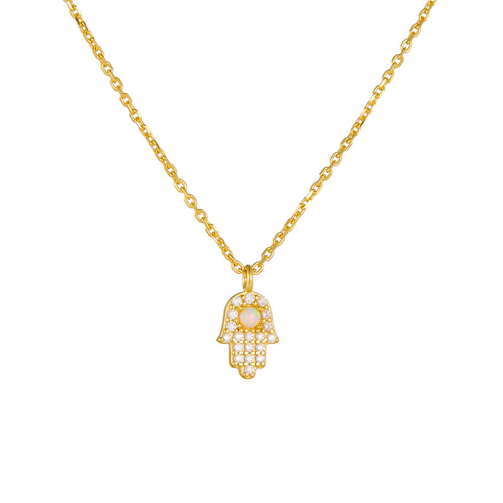 925 Sterling Silver Fatima Hand Necklace Zircon Opal Mini Palm Clavicle Chain