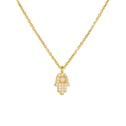 925 Sterling Silver Fatima Hand Necklace Zircon Opal Mini Palm Clavicle Chain