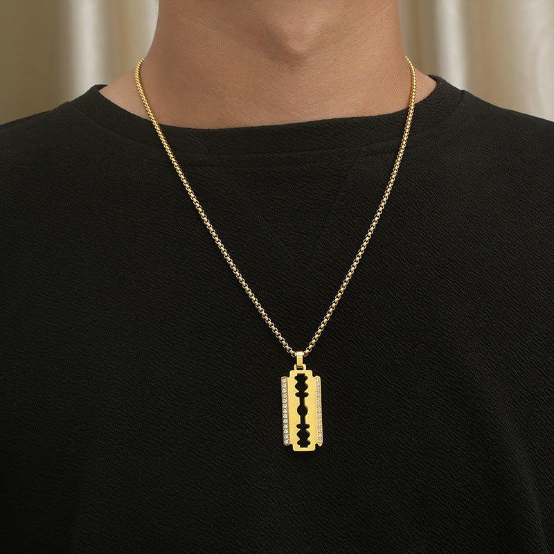 Hip Hop, Rock Street Vacuum Plated Cnc Inlaid Zircon Blade Square Pearl Titanium Necklace