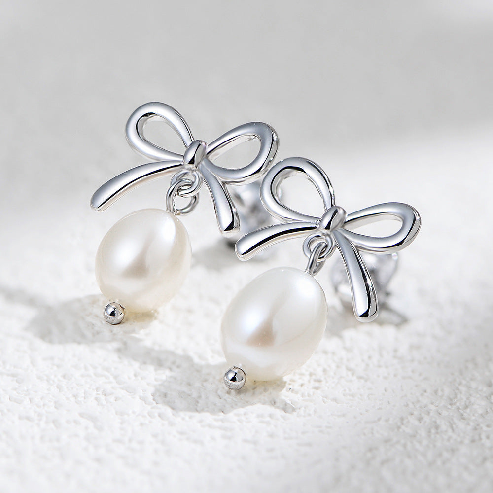 Planderful Sterling Silver Pearl Earrings Bow Pendant Natural Freshwater Pearls for Women Luxury Everyday