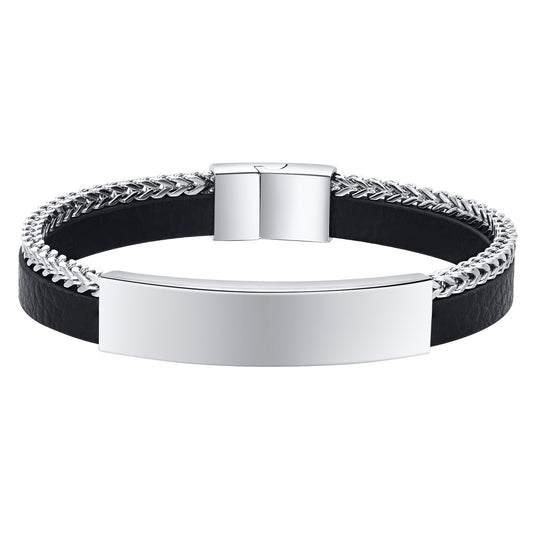 European And American Stainless Steel Magnetic Buckle Keel Chain Curved Leather Bracelet Steel Color For Men