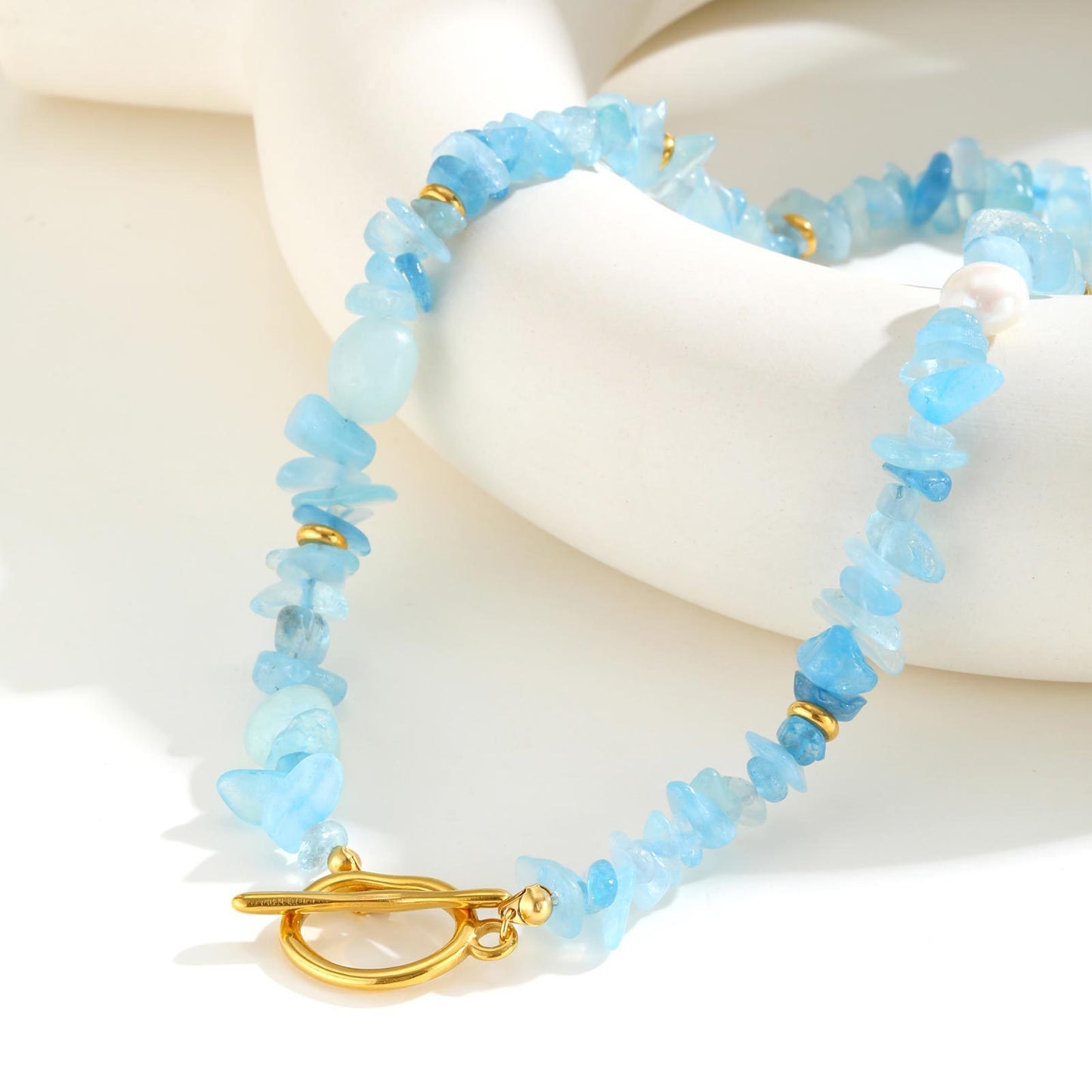 Summer Small Fresh Stainless Steel Toggle Clasp Aquamarine Irregular Natural Gravel Necklace