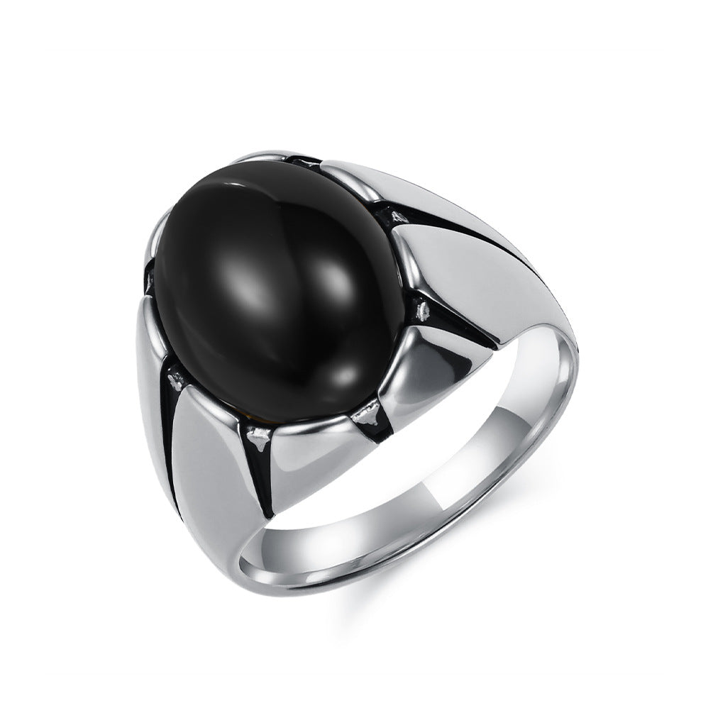 Planderful Everyday Genie Men's Tiger's Eye Stainless Steel Ring Oval Egg Shaped Black Gemstone For Men