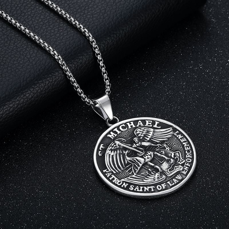 Planderful St Michael Angel Round Pendant Necklace Unisex Titanium Steel Punk Style Jewelry