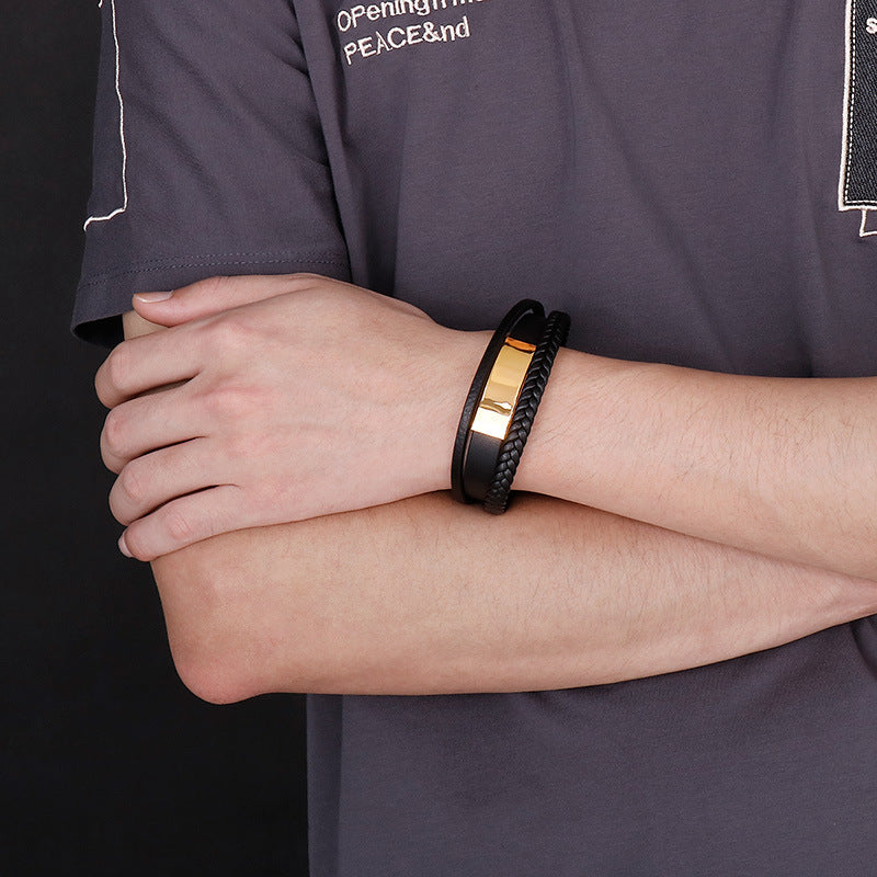 Planderful Everyday Genie Mens Leather Steel Curved Bracelet