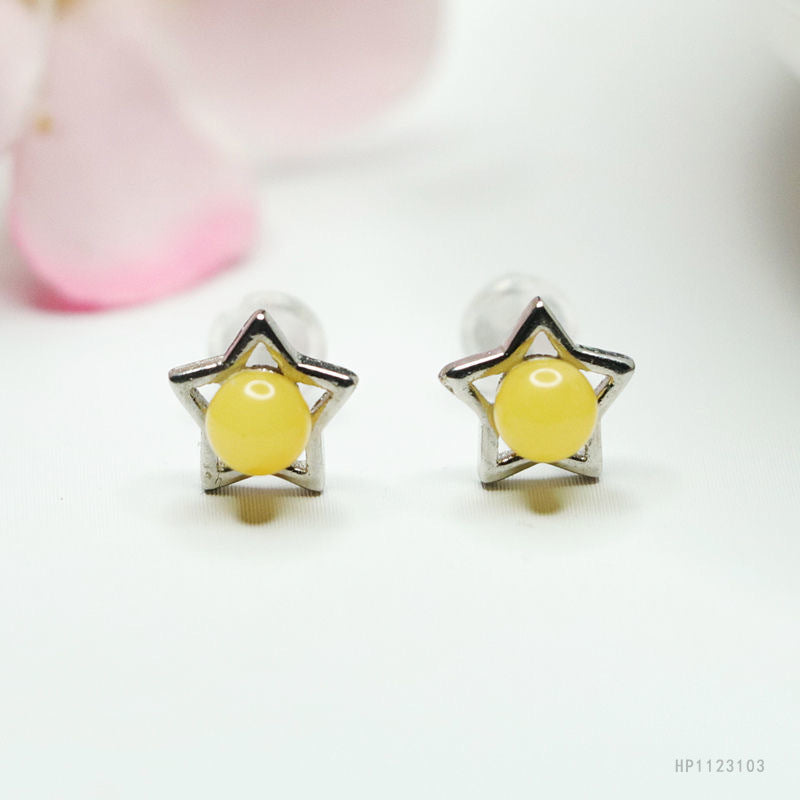 Beeswax Amber Star 925 Silver Stud Earrings