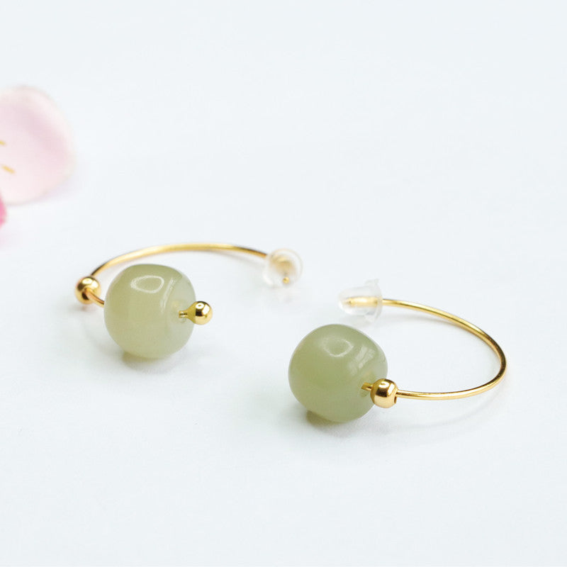 Sterling Silver Earrings with Natural Hetian Jade Inlaid Ear Hooks