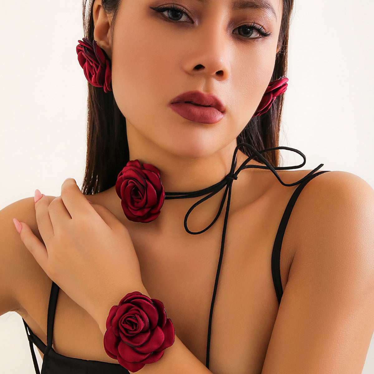 European and American Vintage Rose Velvet Choker Necklace with Satin Flowers for Women's Hair Accessory Set