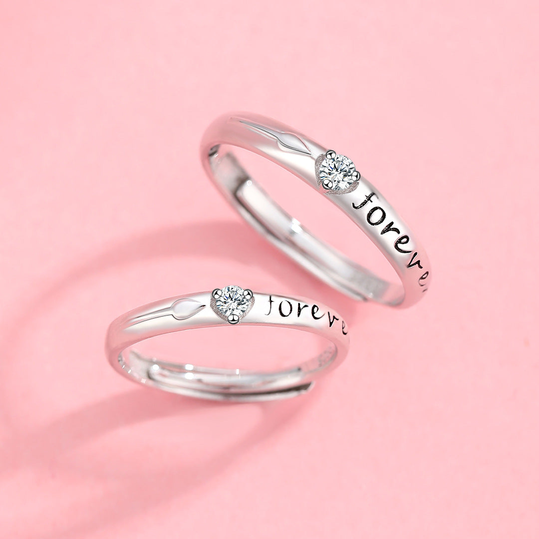 Planderful Sterling Silver Couple Ring Set With Zircon Adjustable Forever Love For Him And Her
