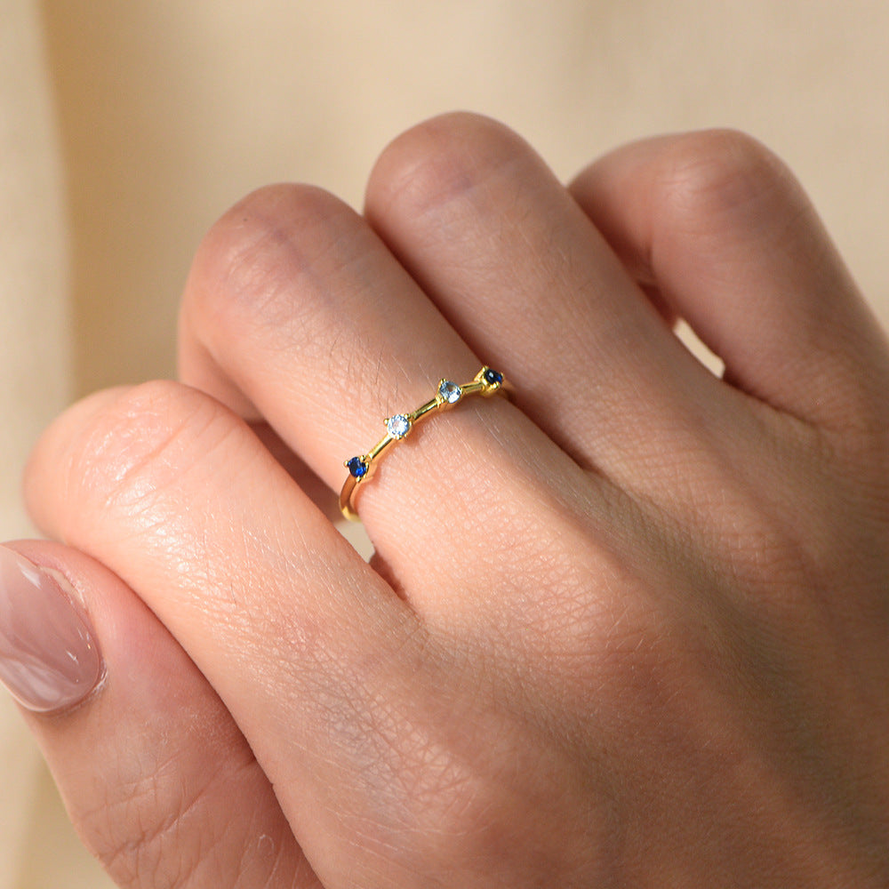 Exquisite, Small, Fresh, Gradual Change, Blue Zircon Sterling Silver Ring, Luxury Stacking Thin