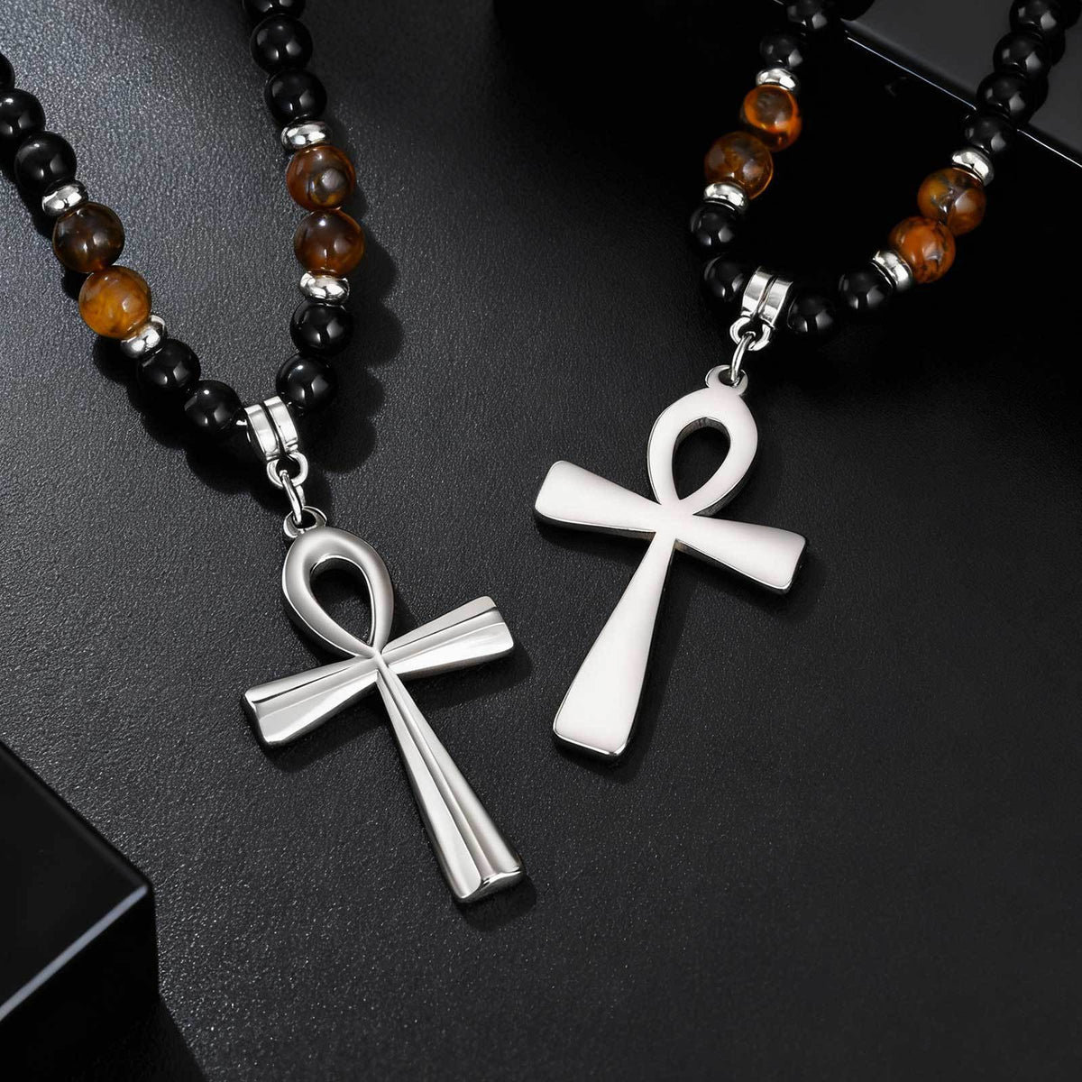 Stainless Steel Anka Cross Black Acrylic Round Beads Natural Tiger's Eye Beaded Necklace
