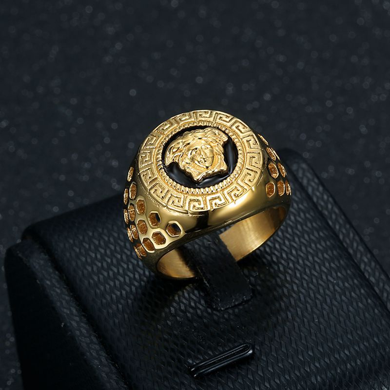 Planderful Everyday Genie Hip Hop Ring Titanium Steel Gold Plated Honeycomb Hollow Epoxy Mens Ring