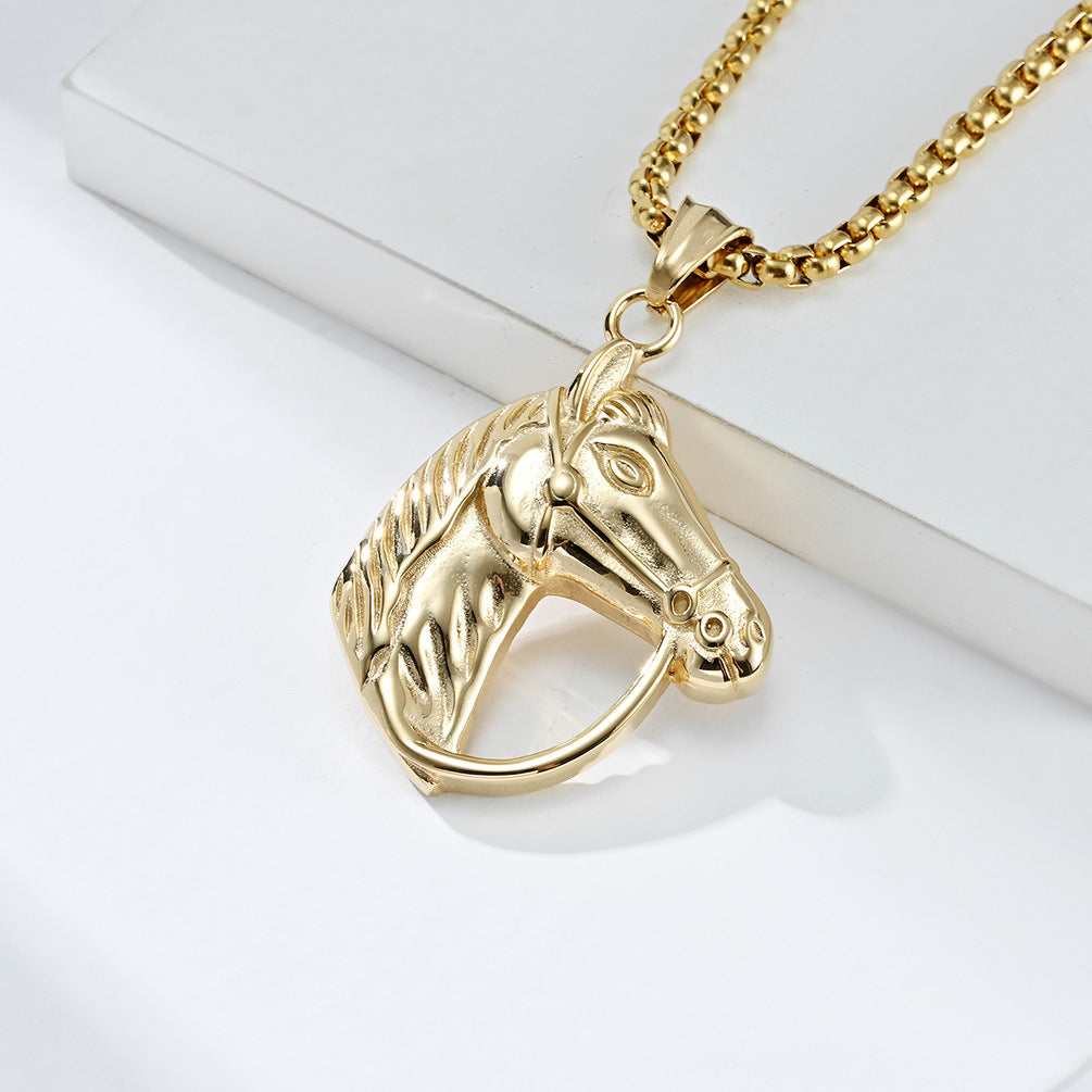 Planderful Mens Horse Head Necklace Personalized Retro Titanium Steel Pendant For Horse Racing Fans