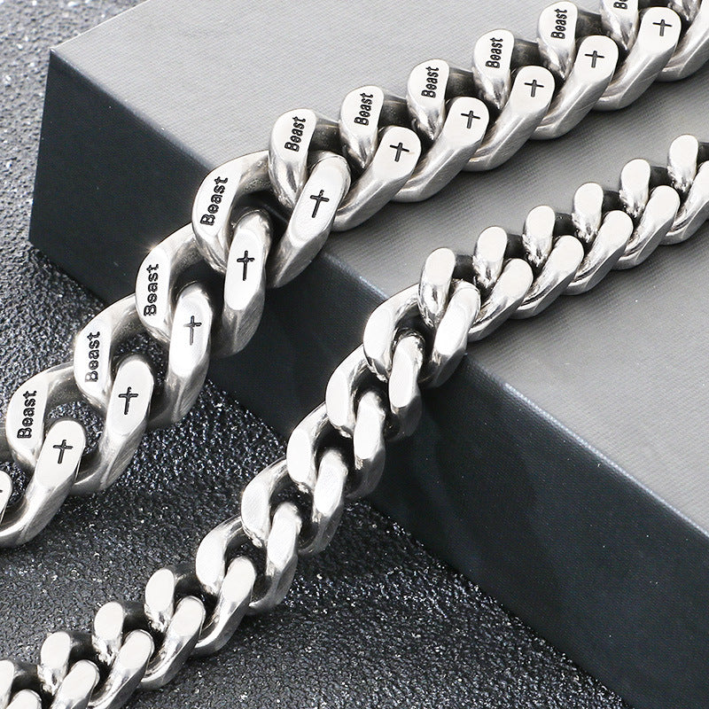 Niche Hip Hop Cross Beast Bracelet – Stainless Steel Engraved La Sand Cuban Chain Men's