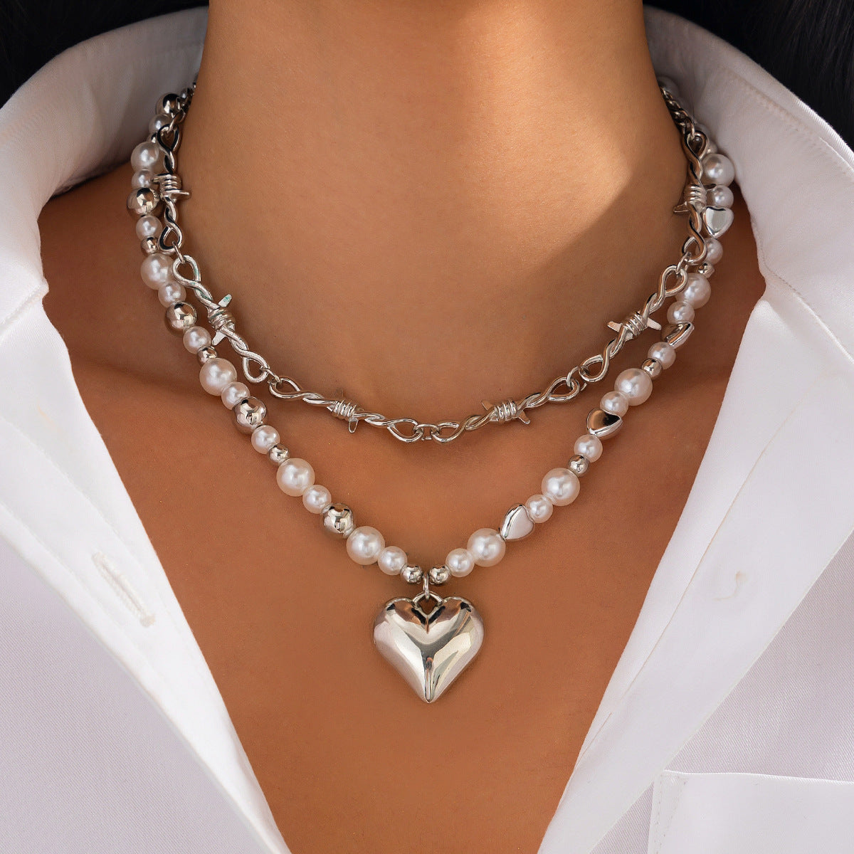 Heart Pendant Pearl-Style Chain Necklace