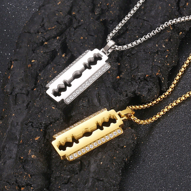 Hip Hop, Rock Street Vacuum Plated Cnc Inlaid Zircon Blade Square Pearl Titanium Necklace