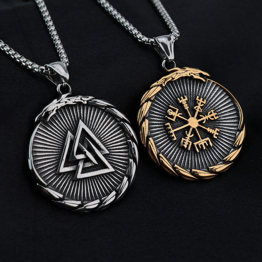 Vintage Nordic Men's Stainless Steel Viking Compass Pendant