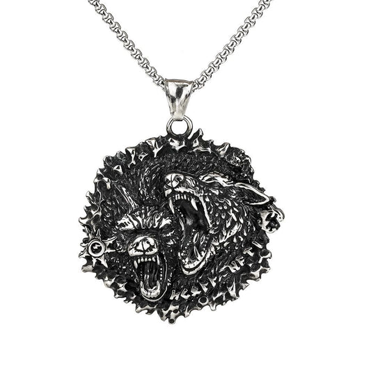 Nordic Vintage Viking Double Celtic Wolf Pendant Necklace for Men