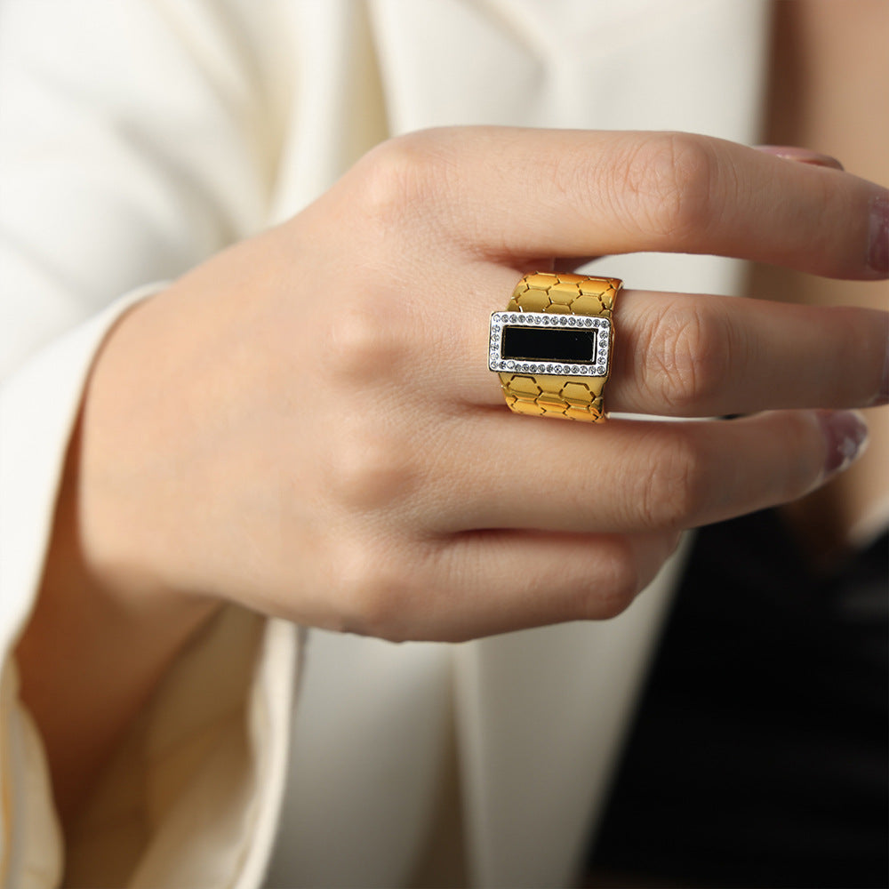 Luxurious Geometric Zircon-Embellished Ring with Titanium Steel and Gold Plating