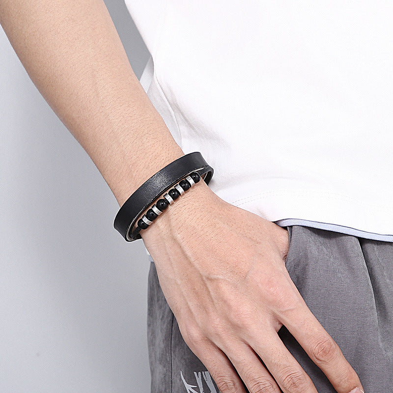 Planderful Genie Mens Leather Double Layer Bracelet