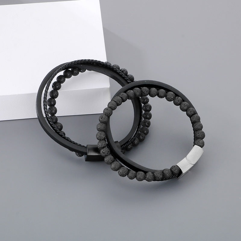Multi-Layer Woven Leather Rope Titanium Steel Bracelet – Volcanic Stone Beaded Men's