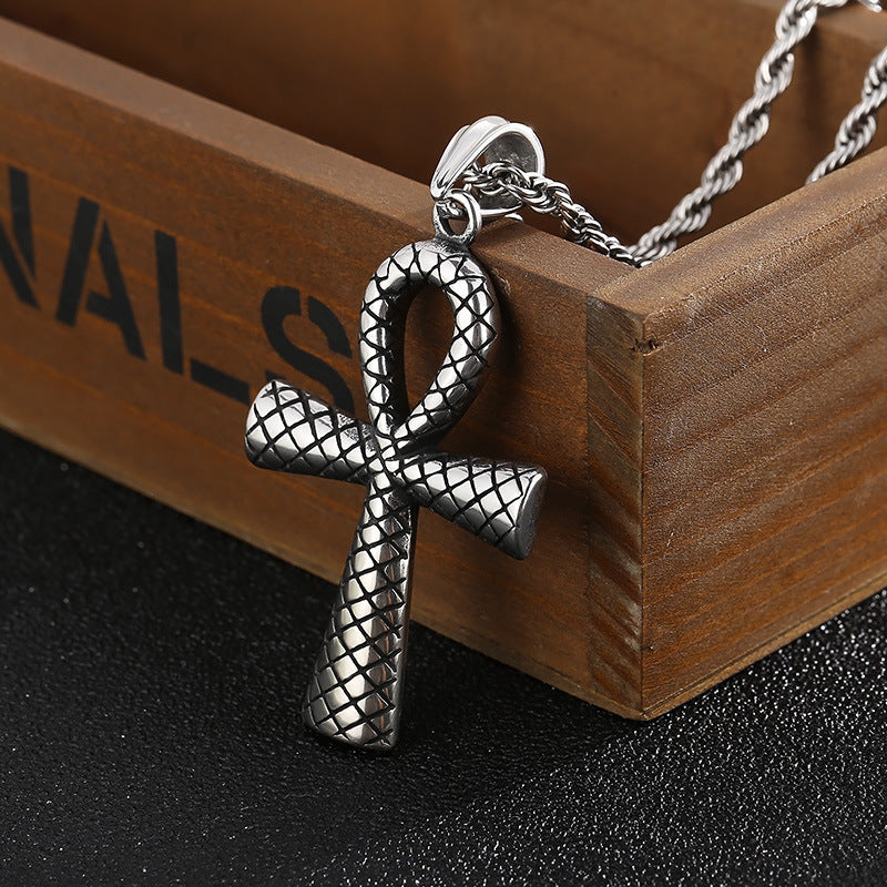 Retro Men's Punk Style Snake Pattern Cross Pendant in Titanium Steel