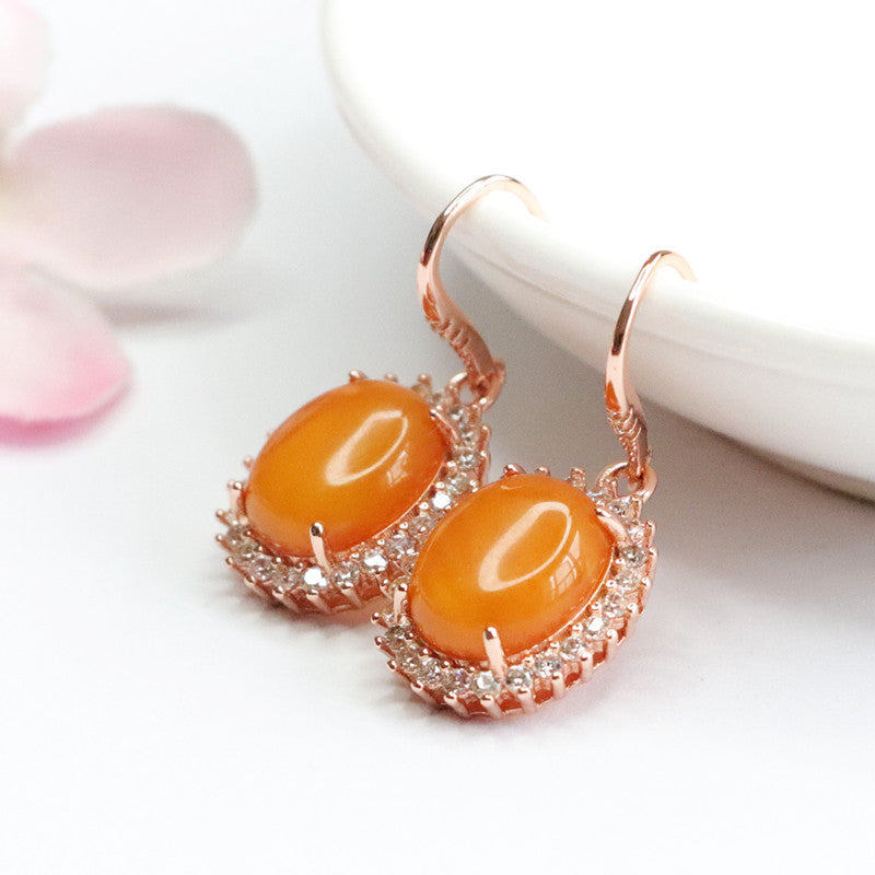 925 Sterling Silver Red Beeswax Amber Drop Earrings