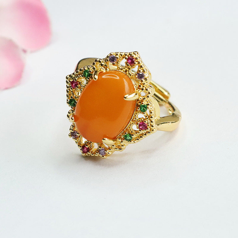 Colorful Zircon Ruyi Ring Needle Sterling Silver Beeswax Amber Ring