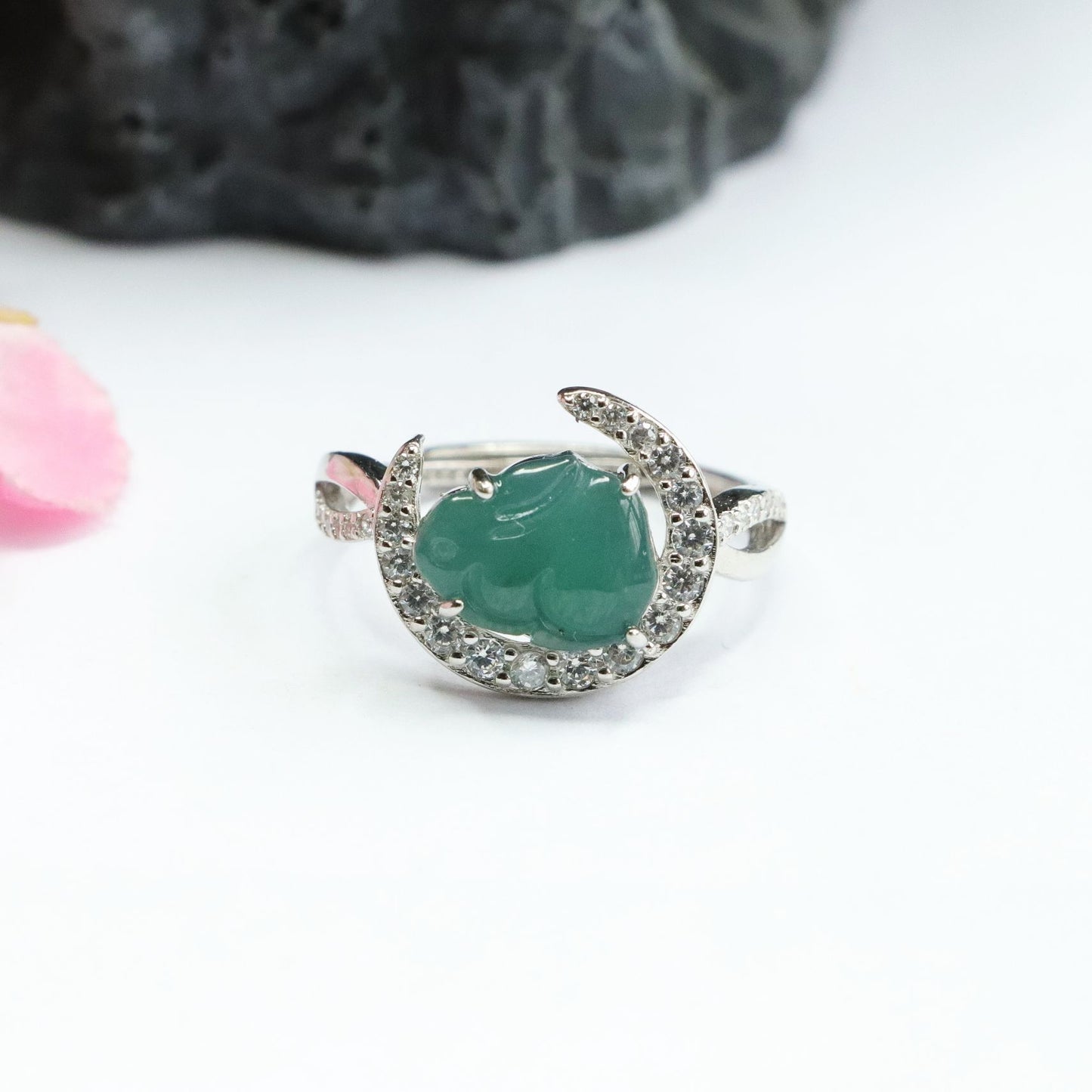 Sterling Silver Adjustable Jade Rabbit Moon Ring