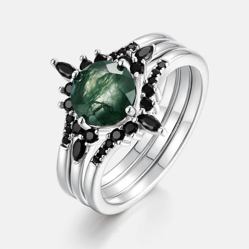 Planderful Jewelry Sterling Silver Agate Ring With Green Moss Aquatic Stone V Shaped Design