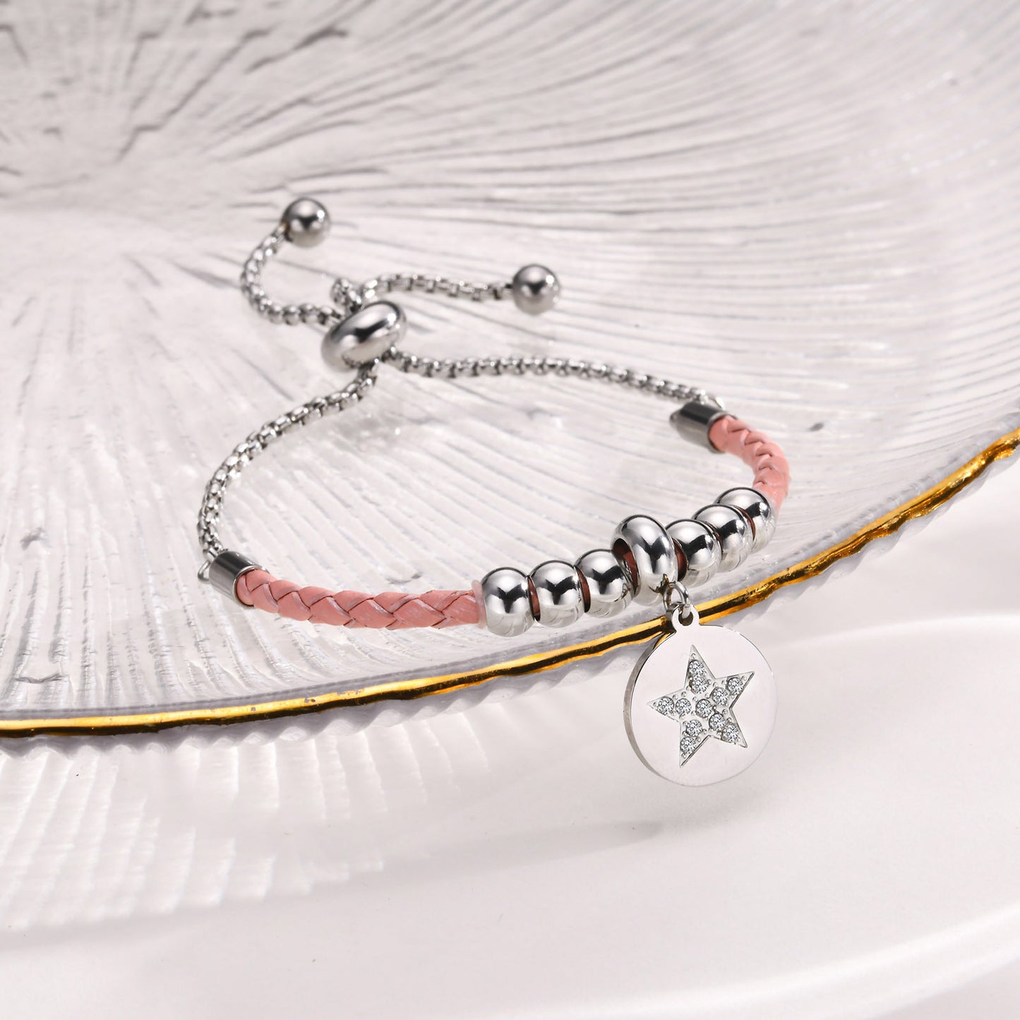 Stainless Steel Leather Inlaid Zircon Star Adjustable Bracelet